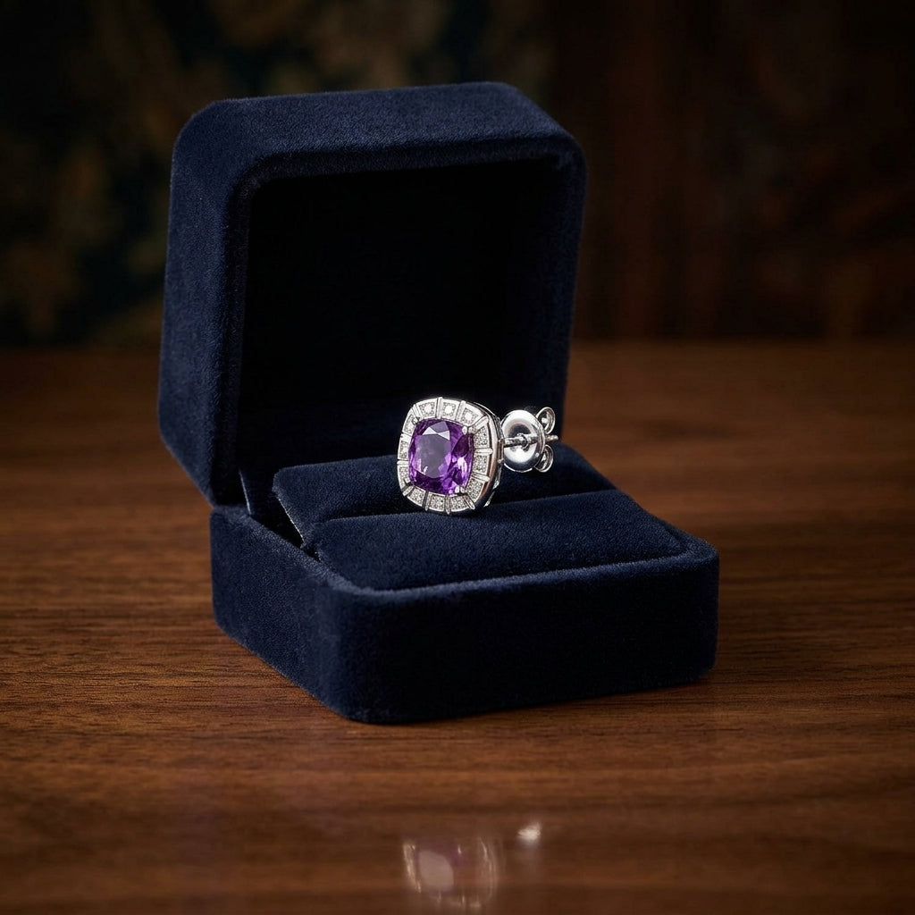 14kw Gold 8mm Cushion Cut Amethysts & Diamond Stud Earrings — gift presentation