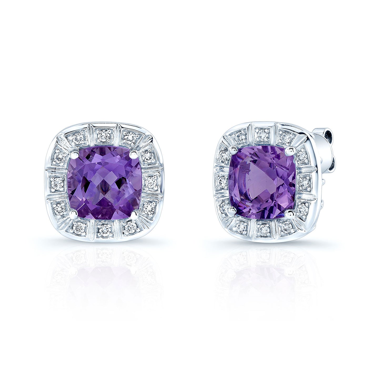 14kw Gold 8mm Cushion Cut Amethysts & Diamond Stud Earrings