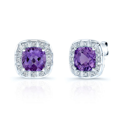 14kw Gold 8mm Cushion Cut Amethysts & Diamond Stud Earrings