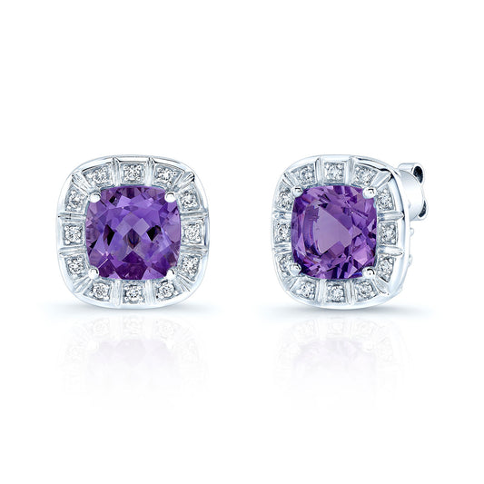 14kw Gold 8mm Cushion Cut Amethysts & Diamond Stud Earrings