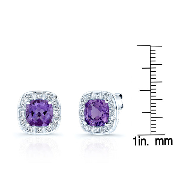 14kw Gold 8mm Cushion Cut Amethysts & Diamond Stud Earrings