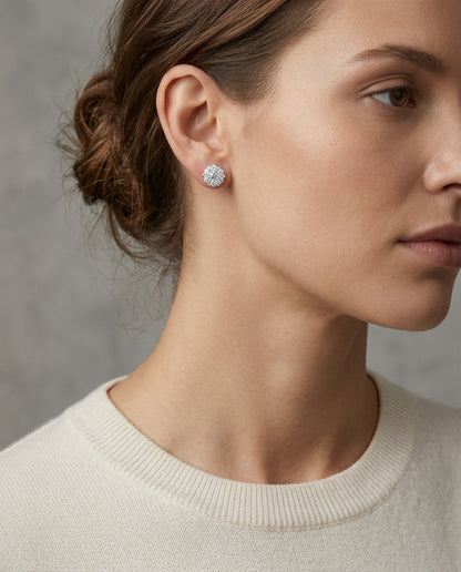 Diamond Cluster Stud Earrings In 14k White Gold — editorial close-up