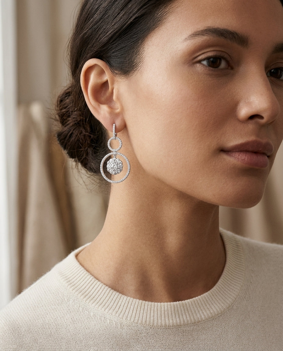 Diamond Hanging Circles Earrings In 14k White Gold — editorial close-up
