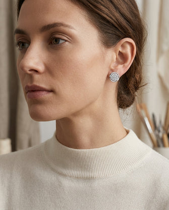 Diamond Stud High Polish Halo Earring In 14k White Gold — editorial close-up