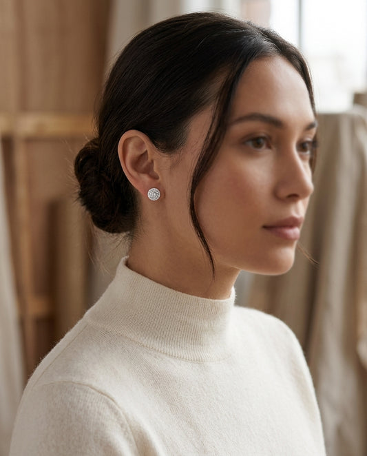 Diamond Halo Earrings in 14K White Gold - editorial hero