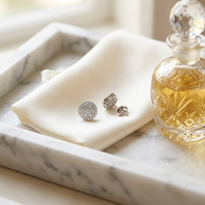 Diamond Halo Earrings in 14k White Gold — marble silk