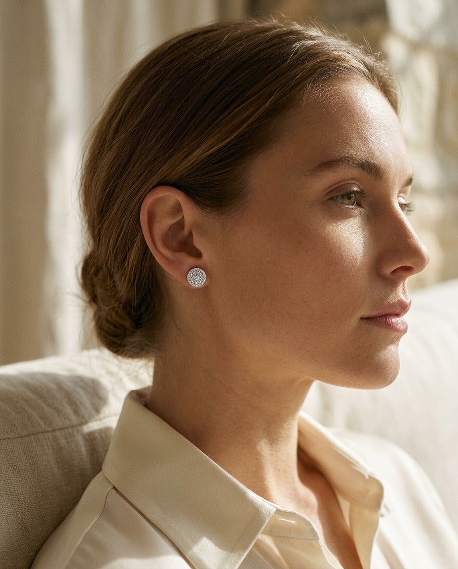 Diamond Halo Earrings in 14k White Gold — portrait close