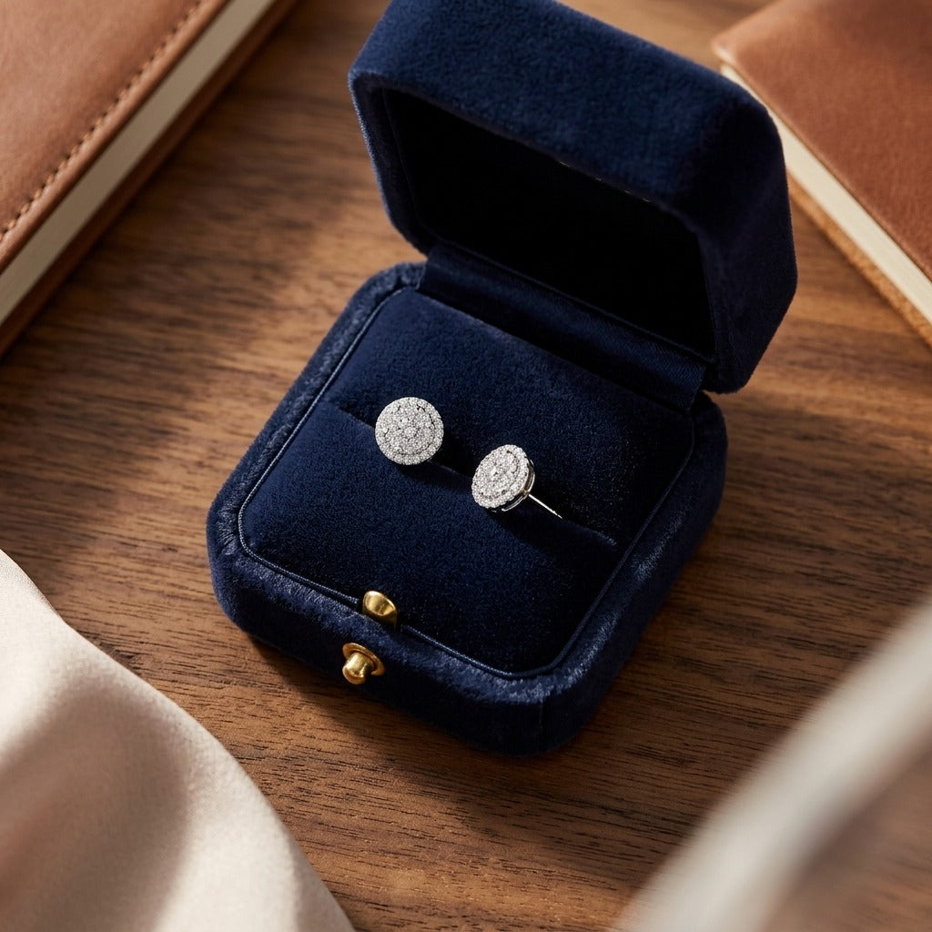 Diamond Halo Earrings in 14k White Gold — velvet box