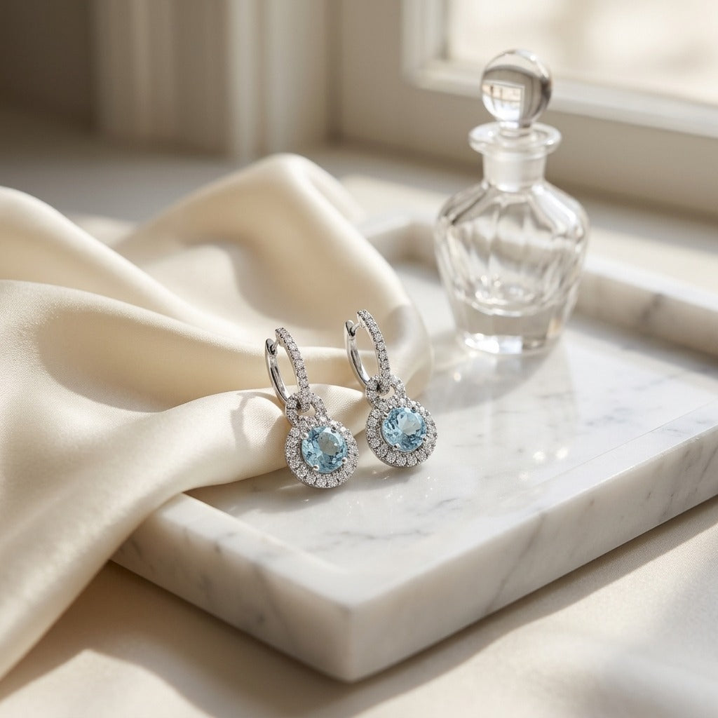 Aquamarine And Diamond Door Knocker Dangle Earrings in 14k White Gold — marble silk
