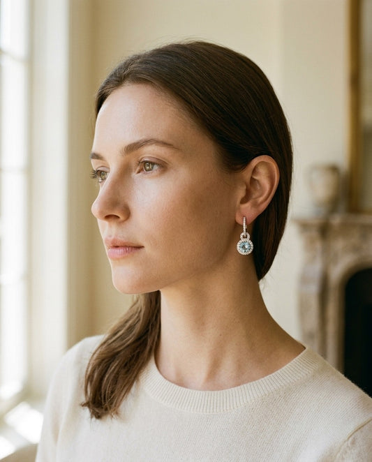 Aquamarine And Diamond Door Knocker Dangle Earrings in 14k White Gold — portrait close