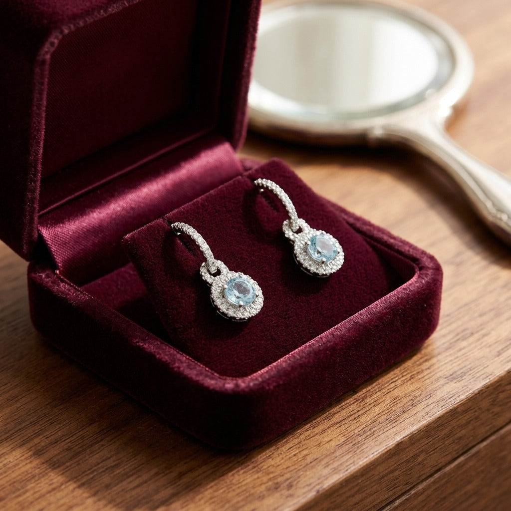 Aquamarine And Diamond Door Knocker Dangle Earrings in 14k White Gold — velvet box