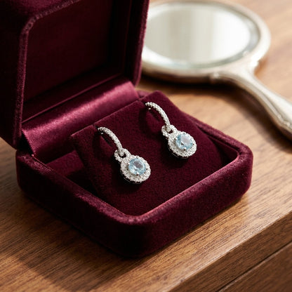 Aquamarine And Diamond Door Knocker Dangle Earrings in 14k White Gold — velvet box