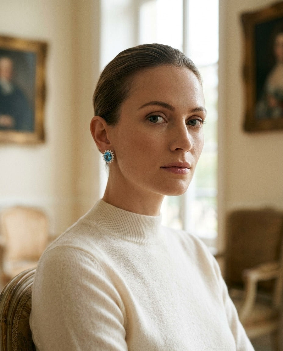 Blue Topaz And Diamond Prong Oval Halo Stud Earrings in 14k White Gold — portrait full