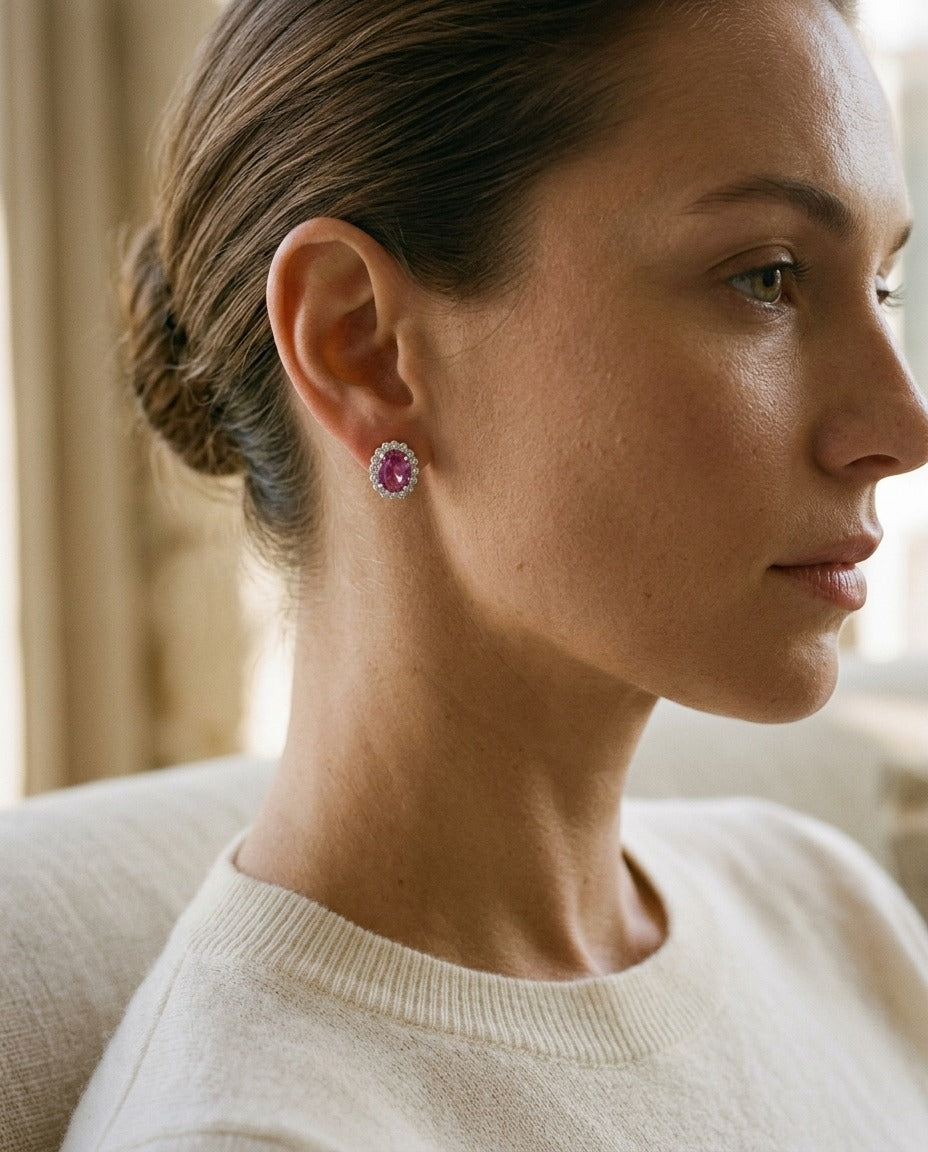 Pink Sapphire and Diamond Earring in 14k White Gold (1/2 Ct. Tw.) — portrait close