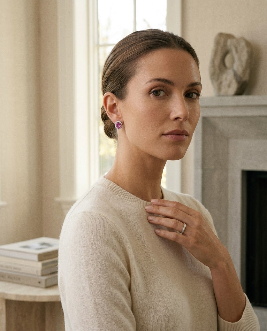 Pink Sapphire and Diamond Earring in 14k White Gold (1/2 Ct. Tw.) — portrait full