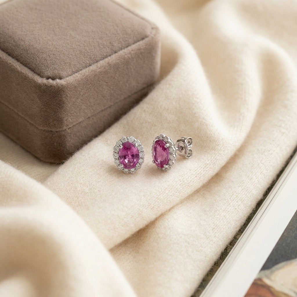 Pink Sapphire and Diamond Earring in 14k White Gold (1/2 Ct. Tw.) — textile flat lay