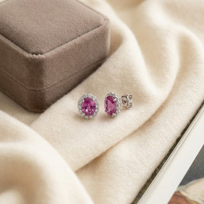 Pink Sapphire and Diamond Earring in 14k White Gold (1/2 Ct. Tw.) — textile flat lay