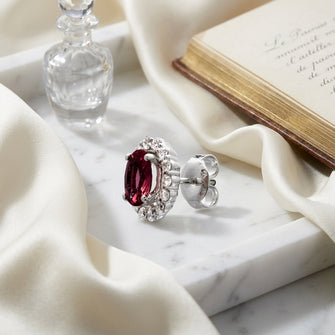 Ruby Oval And Diamond Halo Earrings In 14k White Gold (7x5mm) — atelier still life