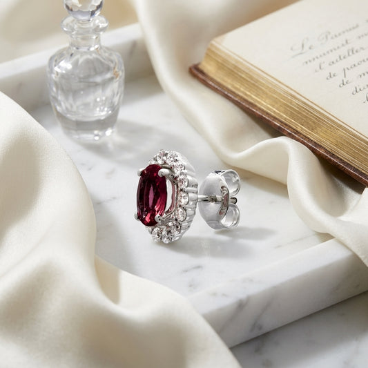 Ruby Oval And Diamond Halo Earrings In 14k White Gold (7x5mm) — atelier still life