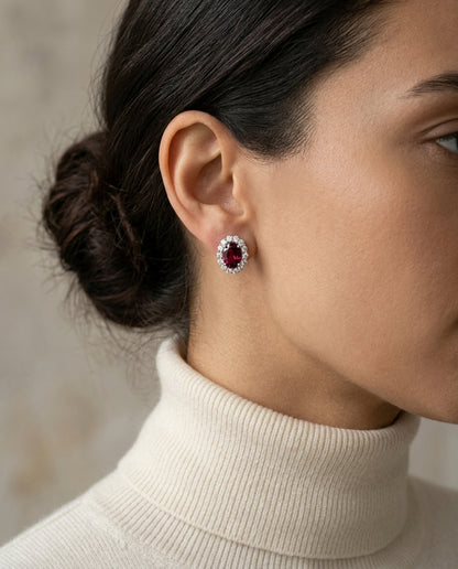 Ruby Oval And Diamond Halo Earrings In 14k White Gold (7x5mm) — editorial close-up