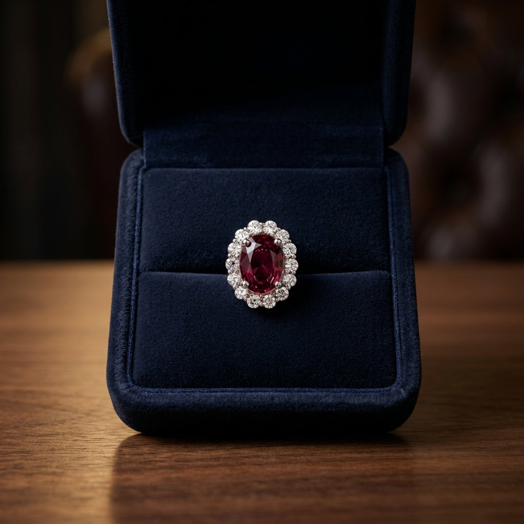 Ruby Oval And Diamond Halo Earrings In 14k White Gold (7x5mm) — gift presentation