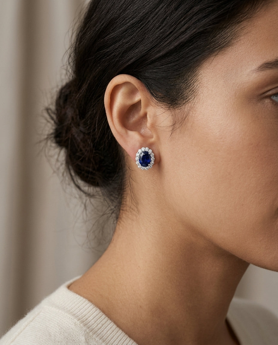 Sapphire Oval And Diamond Earrings In 14k White Gold (1/2 Tw. Tw.) — editorial close-up