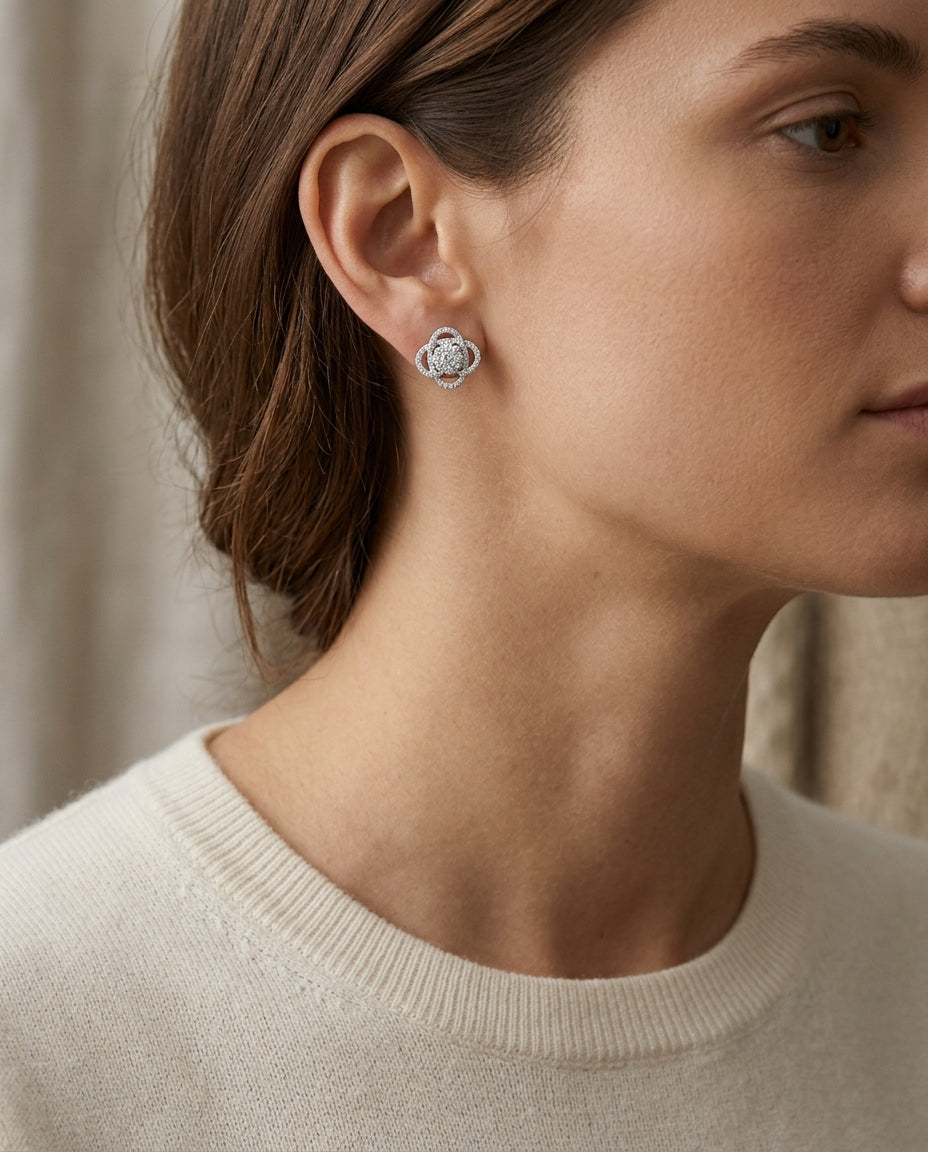 Diamond Crossed Knot Earrings In 14k White Gold — editorial close-up