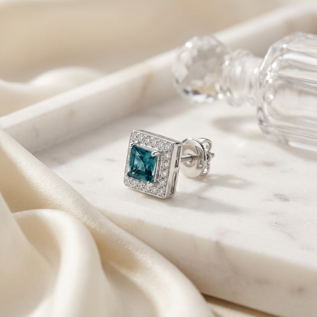 Aquamarine And Diamond Square Halo Earrings In 14k White Gold — atelier still life