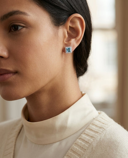 Aquamarine And Diamond Square Halo Earrings In 14k White Gold — editorial close-up