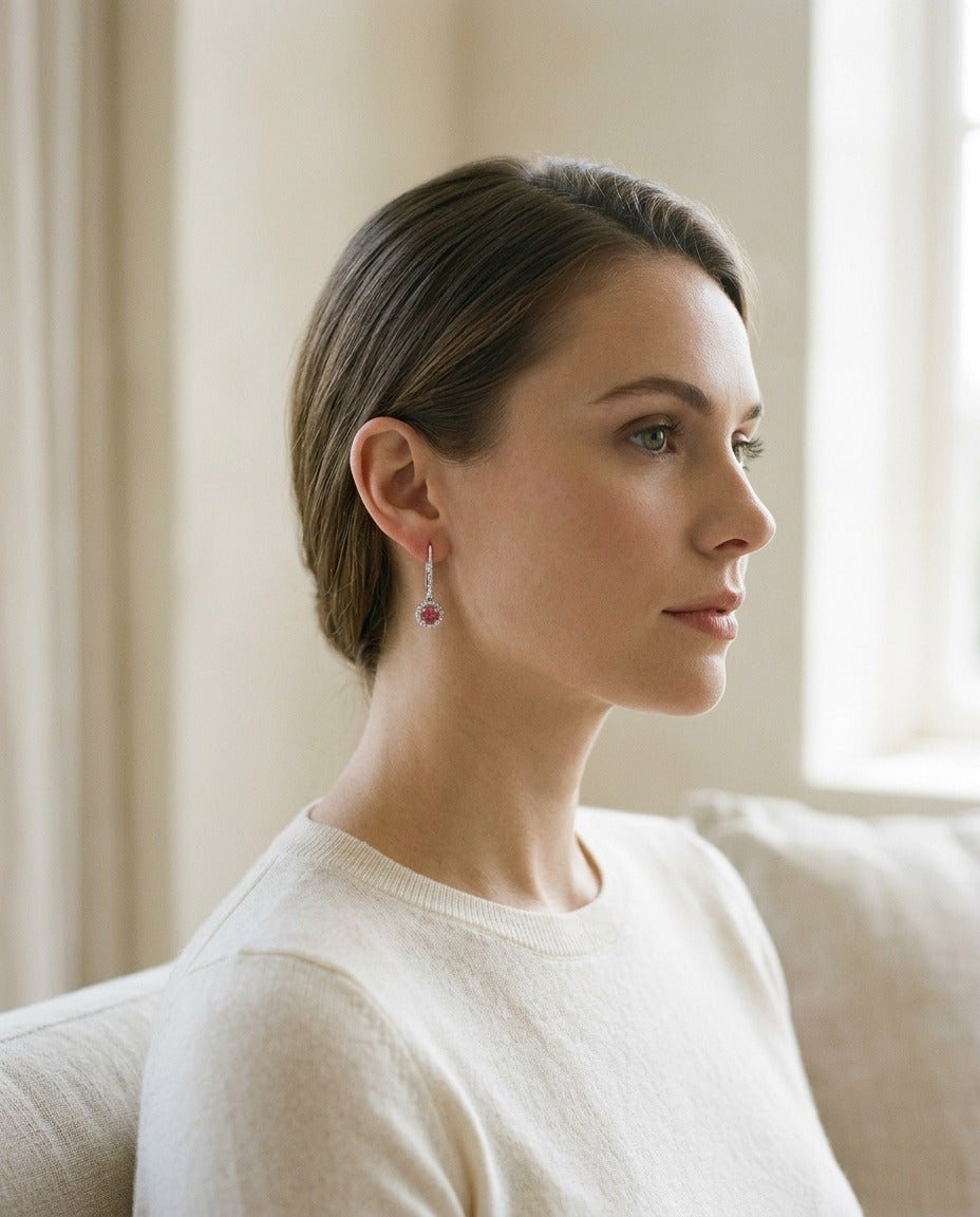 Pink Tourmaline and Diamond Earrings in 14k White Gold — portrait close