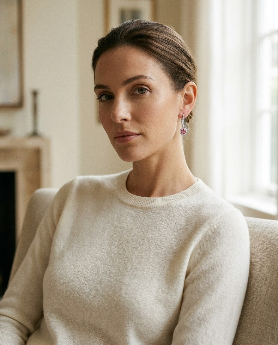Pink Tourmaline and Diamond Earrings in 14k White Gold — portrait full