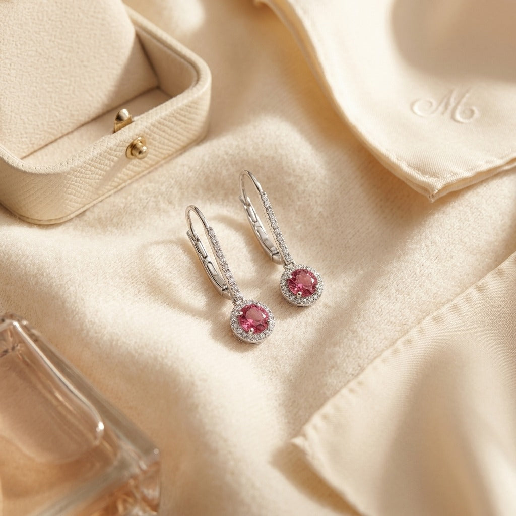Pink Tourmaline and Diamond Earrings in 14k White Gold — textile flat lay