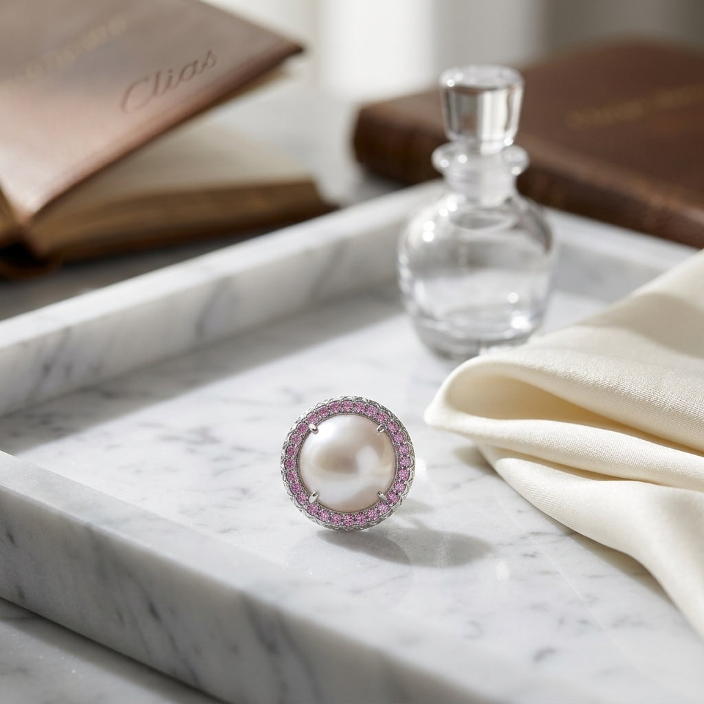 Amethyst Mother Of Pearl And Pink Sapphire Cabochon Hinged Back Earrings In 14k White Gold — atelier still life