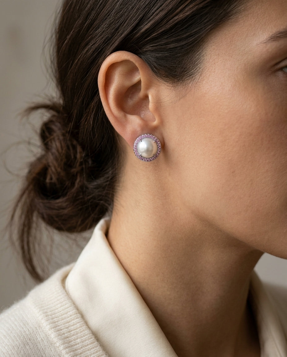 Amethyst Mother Of Pearl And Pink Sapphire Cabochon Hinged Back Earrings In 14k White Gold — editorial close-up