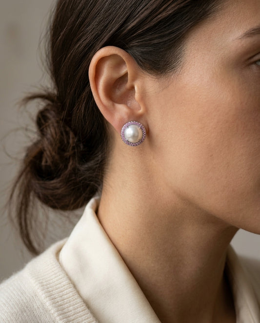Amethyst Mother Of Pearl And Pink Sapphire Cabochon Hinged Back Earrings In 14k White Gold — editorial close-up
