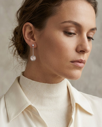 Amethyst Mother Of Pearl And Diamond Cabochon Dangle Earrings In 14k White Gold — editorial close-up
