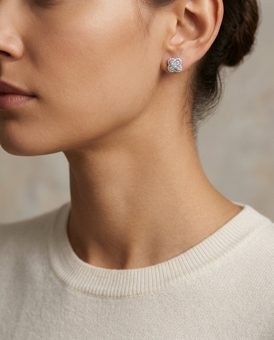 Diamond Clover Halo Stud Earrings In 14k White Gold — editorial close-up
