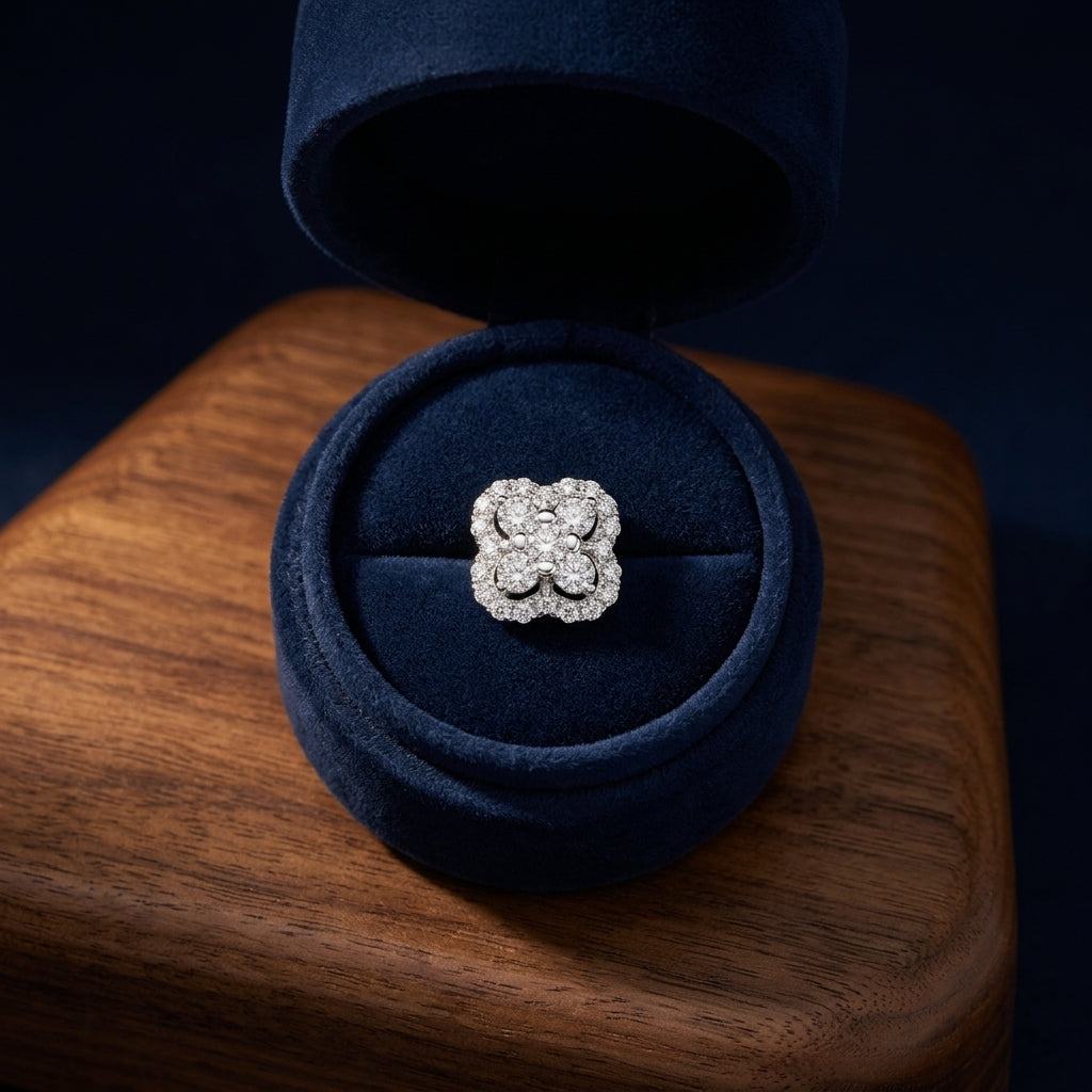 Diamond Clover Halo Stud Earrings In 14k White Gold — gift presentation