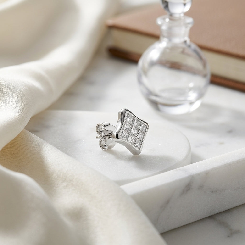 Diamond Invisible Set Square Earrings In 14k White Gold — atelier still life