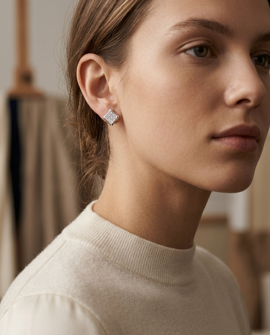 Diamond Invisible Set Square Earrings In 14k White Gold — editorial close-up