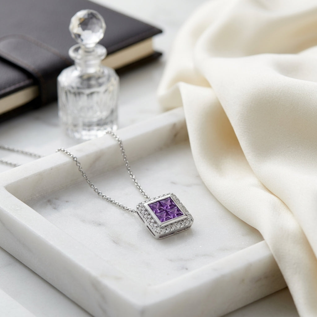 Amethyst And Diamond Square Framed Earrings In 14k White Gold — atelier still life