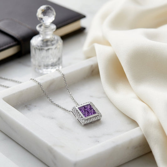 Amethyst And Diamond Square Framed Earrings In 14k White Gold — atelier still life