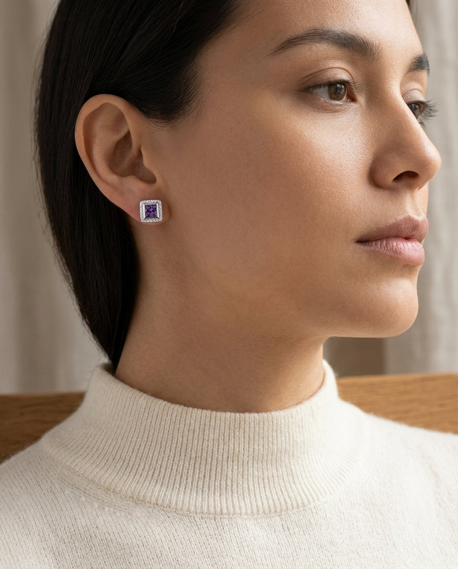 Amethyst And Diamond Square Framed Earrings In 14k White Gold — editorial close-up