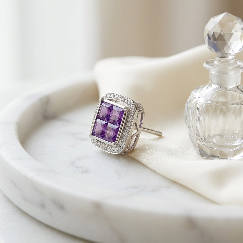 Amethyst And Diamond Square Framed Earrings In 14k White Gold — atelier still life