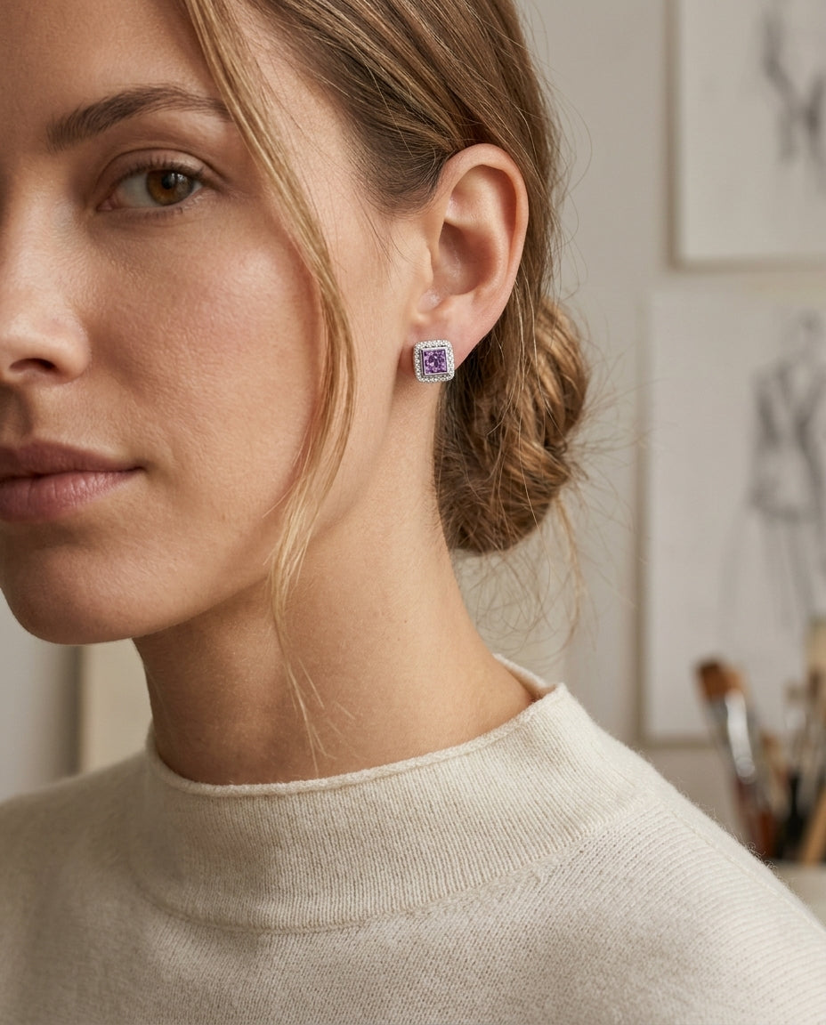 Amethyst And Diamond Square Framed Earrings In 14k White Gold — editorial close-up
