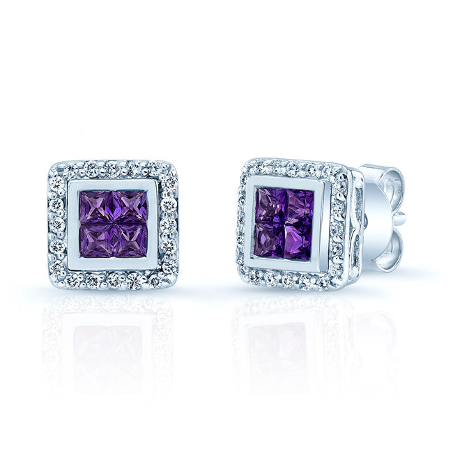 Amethyst And Diamond Square Framed Earrings In 14k White Gold