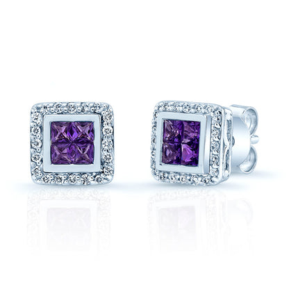 Amethyst And Diamond Square Framed Earrings In 14k White Gold