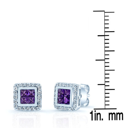 Amethyst And Diamond Square Framed Earrings In 14k White Gold