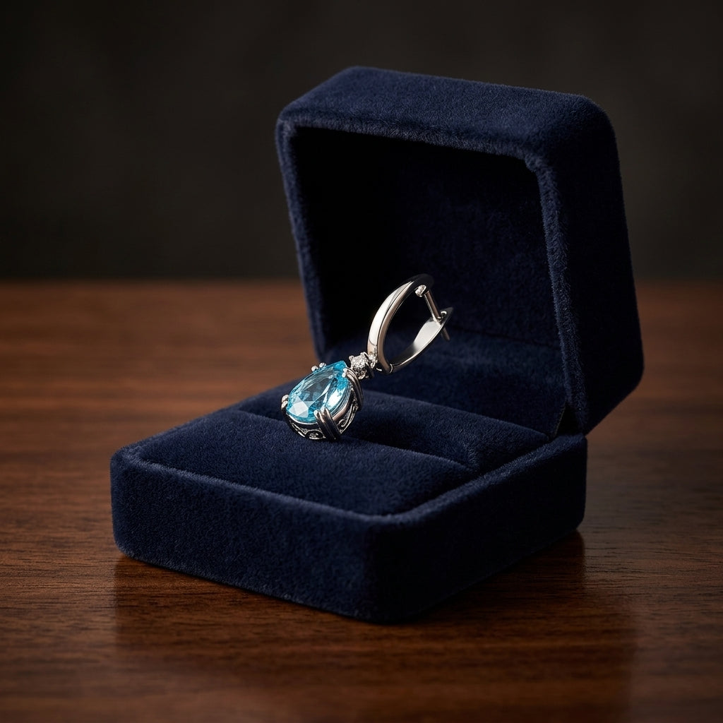 Blue Topaz And Diamond Teardrop Dangle Earrings In 14k White Gold (9x6mm) — gift presentation
