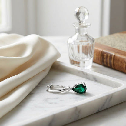 Created Emerald And Diamond Dangle Teardrop Earrings In 14k White Gold — atelier still life